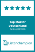 Das Listen-Champion-Siegel 2023 von 'Top-Makler-Deutschland', das QUIN Investment als führenden Immobilienmakler in Berlin Tiergarten und Deutschland anerkennt.